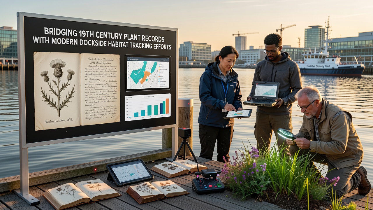 Modern dockside sensors and digital mapping interface showing habitat data overlay